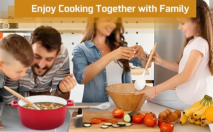 TeamFar Cooking Utensils Set of 6, Silicone Kitchen Utensils with Wooden Handles for Cooking/Turning/Serving/Mixing, Heatproof Kitchen Tools for Non-stick Cookware, Healthy &Non-Scratch, White