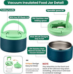 Bento Lunch Box with 8oz Soup Thermo,Kids Leakproof 4 Compartment Lunch Food Containers with Sauce Cup and Ice Pack,Kids Thermo Insulated Hot Food Jar and Lunch Bag for School,Trvael-Green