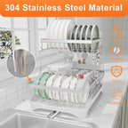 Dish Drying Rack - 304 Stainless Steel Dish Rack for Kitchen Counter, Adjustable Spout Auto-Draining Dish Rack, 2-Tier Kitchen Organizers and Storage Rack with Drainboard and Cutlery Holder White