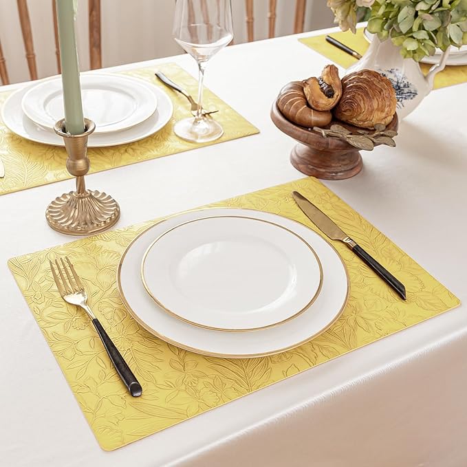 Romanstile Vinyl Placemats Set of 4-12 X 18 Inch - Heat Resistant Non-Slip Embossed Floral Place Mats 100% Waterproof Oilproof Wipeable Faux Leather Table Mats for Kitchen/Dining/Party, Yellow