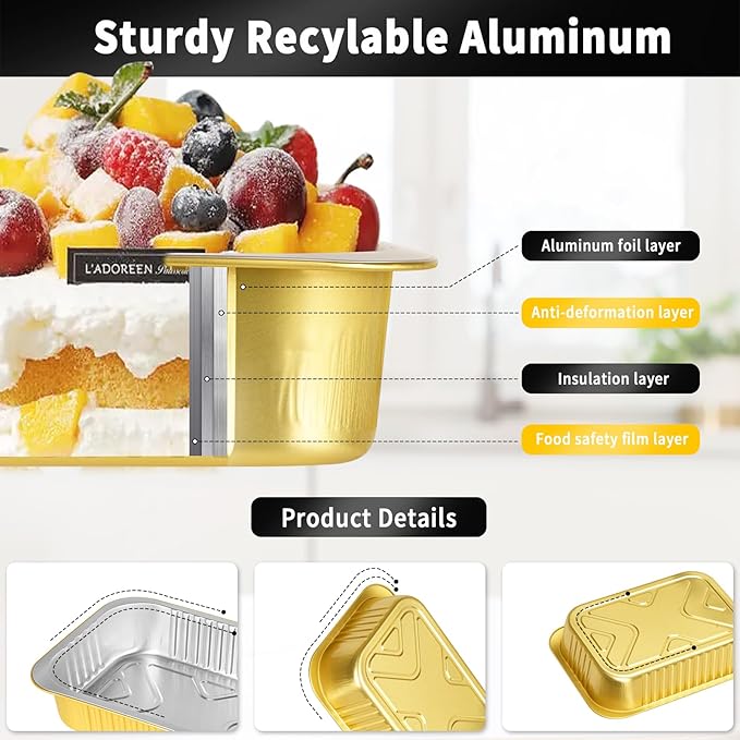 40 Pack 2LB 7.2"×5"×2.2" Gold Heavy Duty Aluminum Foil Pans with Lids 32oz Capacity Foil Food Containers with Lids, Tin Foil Pans with Lids for Baking, Meal Prep, Freezer and Takeout