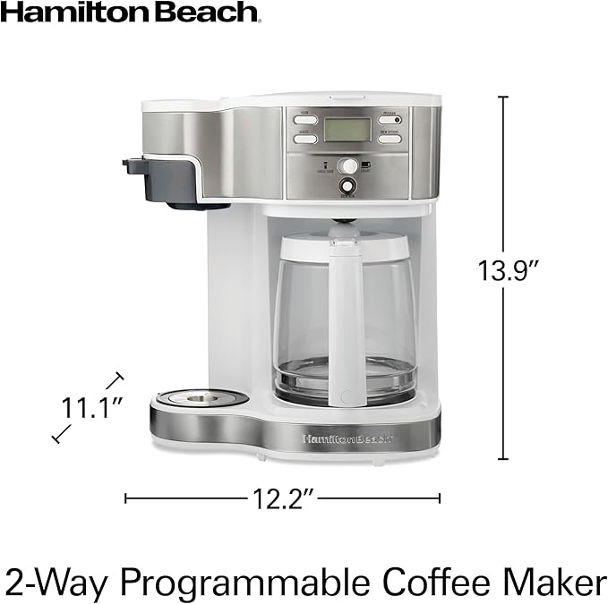 Hamilton Beach 2-Way Programmable Coffee Maker, 12 Cup Glass Carafe And Single Serve Coffee Maker, White with Stainless Steel Accents, 49933