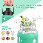 MUKOKO Glass Water Bottles, 32oz Glass Tumbler with Straw, Drinking Bottles with 2 Lids-Handle Spout Lid&Bamboo Straw Lid, Motivational Water Bottle with Time Marker and Silicone Sleeve, 1 Pack-Green