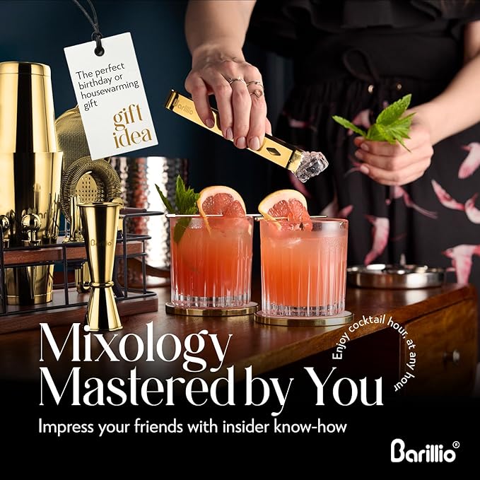 Barillio Gold Bartender Kit – 23-Piece Stainless-Steel Cocktail Shaker Set with Premium African Mahogany Stand | Martini Barware Mixing Tools for Home Bartending | Gift Set