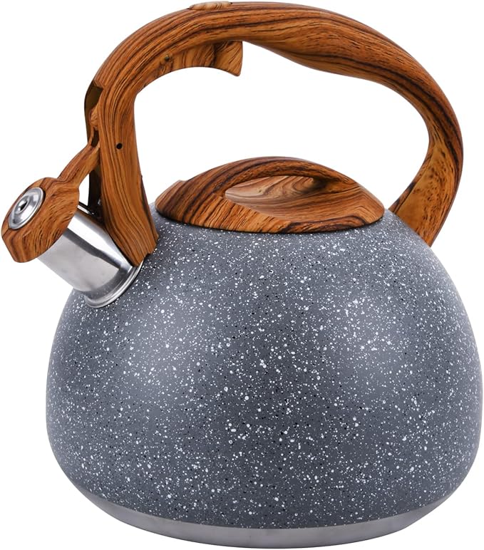 Tea Kettle, 3.2 Quart Whistling Tea Kettle Stovetop, Tea Pots for Stove Top Food Grade Stainless Steel with Wood Pattern Handle, Grey Teapot