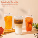 20oz Ribbed & Floral Glass Tumbler Set of 2 – Reusable Glass Cups with Lid and Glass Straw, To-Go Iced Coffee Cups for Water, Smoothie, Milk, Cocktail & More – Perfect for Daily Use & Travel