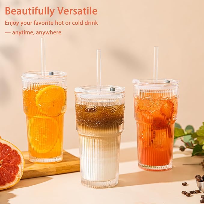 20oz Ribbed & Floral Glass Tumbler Set of 4 – Reusable Glass Cups with Lid and Glass Straw, To-Go Iced Coffee Cups for Water, Smoothie, Milk, Cocktail & More – Perfect for Daily Use & Travel