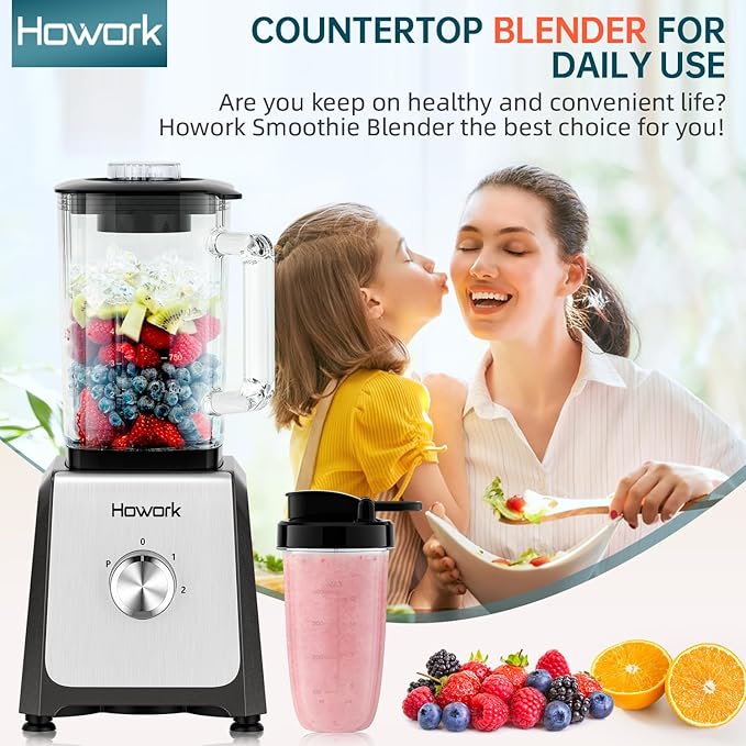 HOWORK Blender for Smoothies, 750W Personal Blender, 56 Oz Glass Jar, 16oz Portable Cups,2+P speed, 3 Functions for Smoothies, Frozen Drinks & Ice Cream,Grey