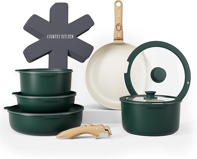 Country Kitchen Cookware Set with Removable Handle, Oven & RV Safe Pots and Pans Set, Sage Wood Handle, Original