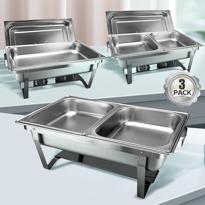 3 Packs Chafing Dish Buffet Set 8QT Stainless Steel with Full Size and 1/2 Size Pans Portable Serve Food Warmer for Catering Parties Wedding Graduation Commercial Events, 5 Pans