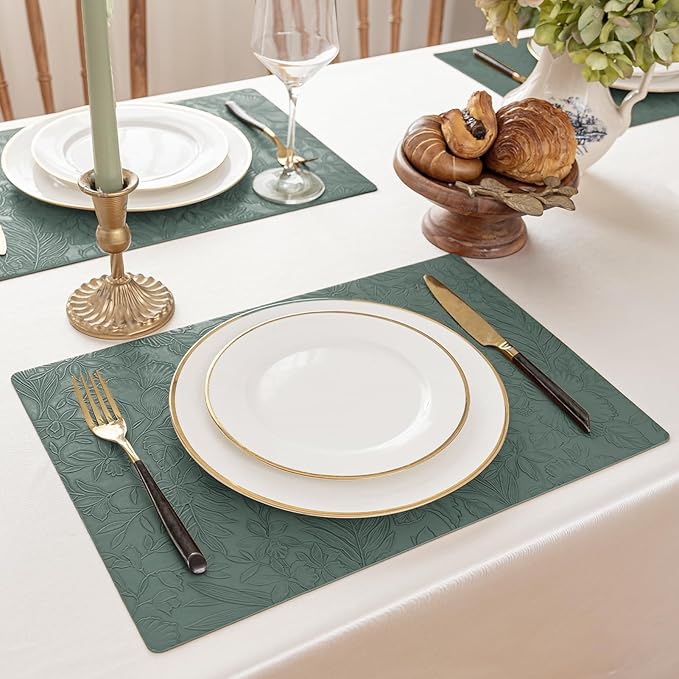 Romanstile Vinyl Placemats Set of 8-12 X 18 Inch - Heat Resistant Non-Slip Embossed Floral Place Mats 100% Waterproof Oilproof Wipeable Faux Leather Table Mats for Kitchen/Dining/Party, Green
