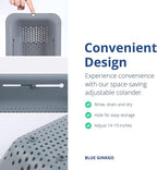 BLUE GINKGO Sink Colander Baskets - (Pack of 2) Wash Vegetables and Fruits, Drain Cooked Pasta and Dry Dishes - Extendable - New Home Kitchen Essentials (2 Grey)