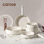 CAROTE 18Pcs Ceramic Cookware Set with Detachable Handle, Pots and Pans Set Non Stick, Non Toxic Kitchen Cooking Sets with Stand-Up Lid, PFAS and PFOA Free, Oven Safe, Induction Ready, Cream White