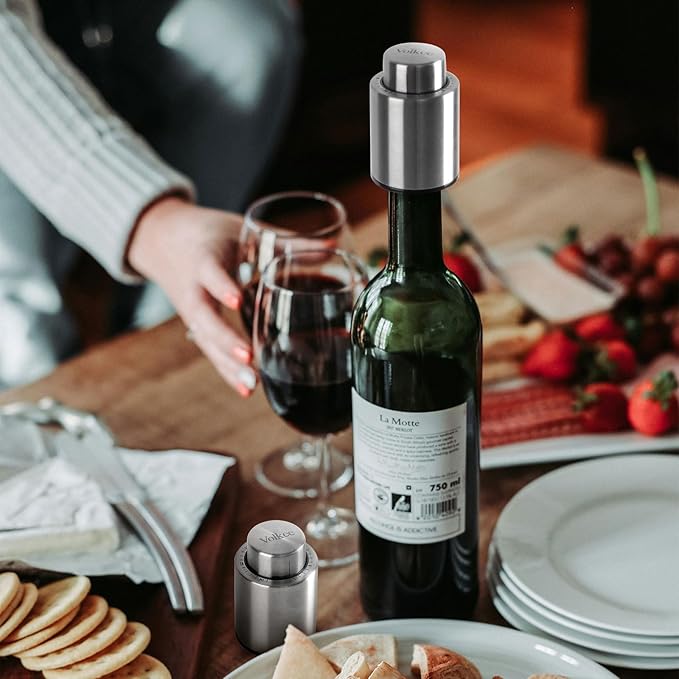 Volkee Wine stoppers vacuum, Wine saver for wine bottles, Wine preserver keep wine fresh, Rescuable wine caps for bottles, Stainless Steel [2 Pack]