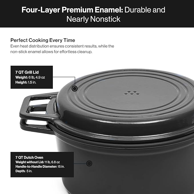 Misen 7 QT Enameled Cast Iron Dutch Oven - Chip-Resistant Enamel Coating - Thick Iron Core For Heat Retention - Large Cooking Surface - Oven Safe, Induction Compatible - Grill and Silicone Lid, Black