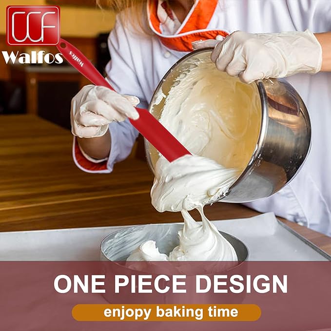 Walfos Silicone Jar Spatula - 600ºF Heat Resistant Kitchen Spatulas(2pcs), Strong Steel Core & One-Pieces Design,Mixing Batter & Cake Cream Spatulas, for Cooking & BPA Free & Dishwasher Safe, Red