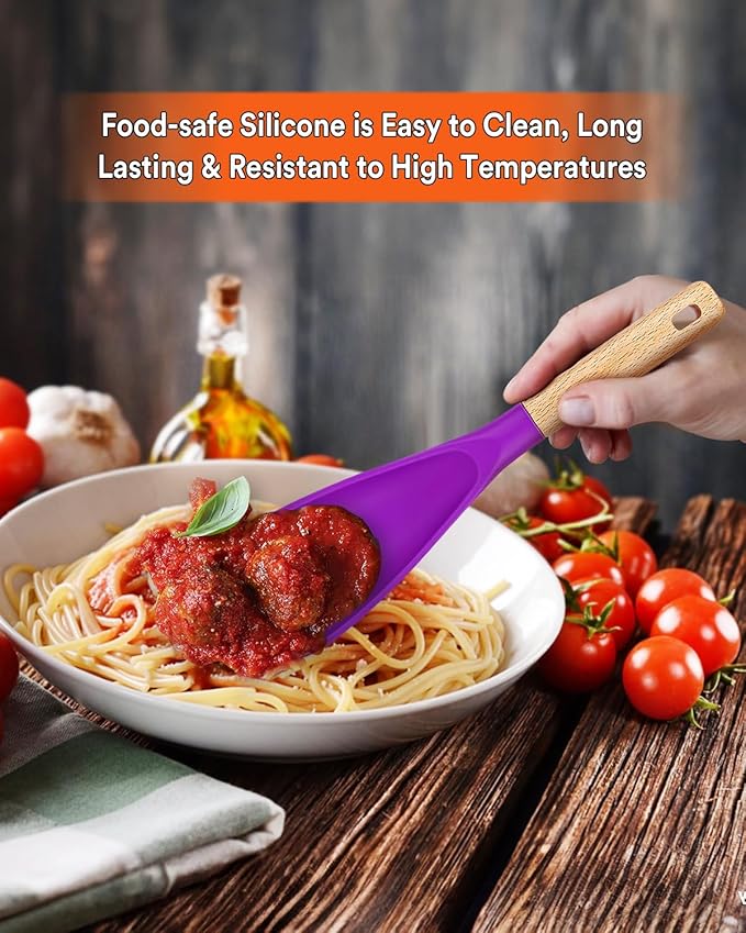 Cooking Spoon for Nonstick Cookwares, Great for Cooking and Serving Sturdy BPA-Free Matte Silicone, Wood Handle Spoon for Mixing, Scoop, and Scrape (BERRY)