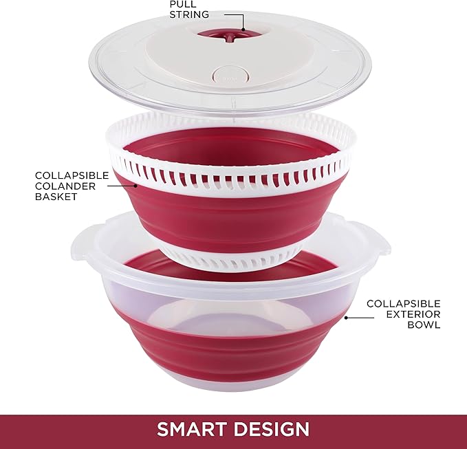 COOK WITH COLOR Collapsible Salad Spinner - 4 QT Space Saving Lettuce Dryer with Folding Collapsible Colander Great for Washing and Drying Fruit and Vegetables (Rose)