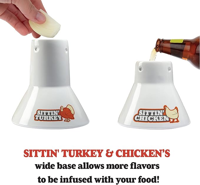 Sittin’ Chicken & Turkey Ceramic Beer Can Roaster & Steamer Duo - Upright Flavor-Infusing Grilling Tool for Juicy Poultry - Wide Ceramic Base Cooks up to 18lb Turkey for Xmas Dinner & Holiday Parties