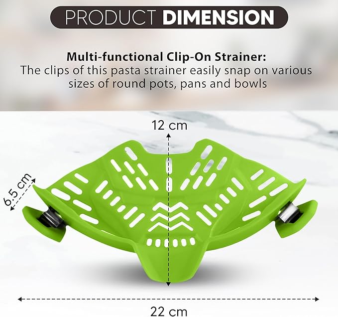 Clip On Strainer, Pot Strainer for Pasta, Vegetables, Fruit and Meat- Kitchen Silicone Strainer Colander for All Pots, Pans and Bowls (Green)