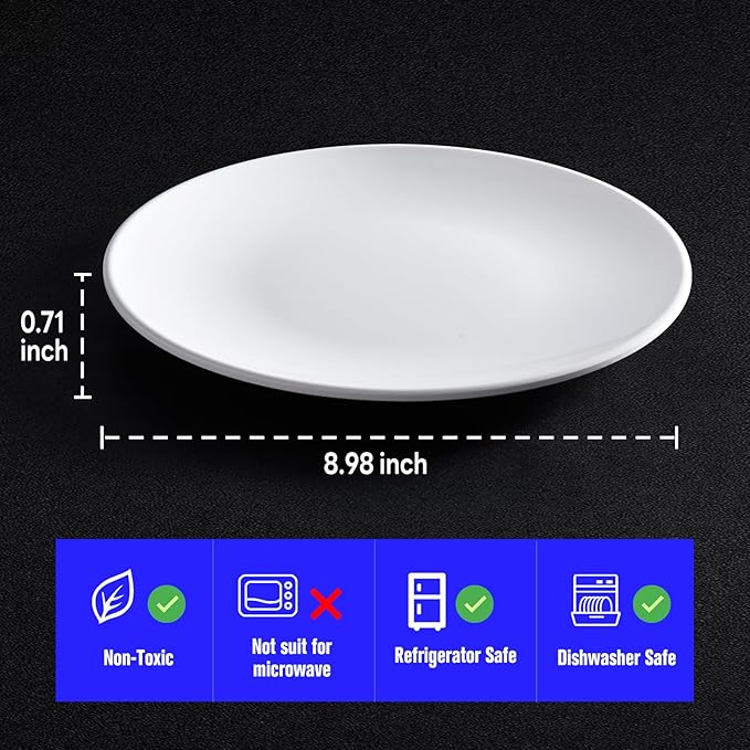 Plates 9inch Melamine Dinner Plates Round White Durable Dishes Set of 8 for Salad Dessert Dinner