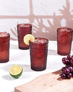 Ciaell 12 Pack Romantic Plastic Water Glasses - 14 Oz Burgundy Vintage Drinking Glasses, Embossed Ribbed Plastic Cups, Textured Striped Set for Juice, Beverages, Beer, Cocktail & Christmas
