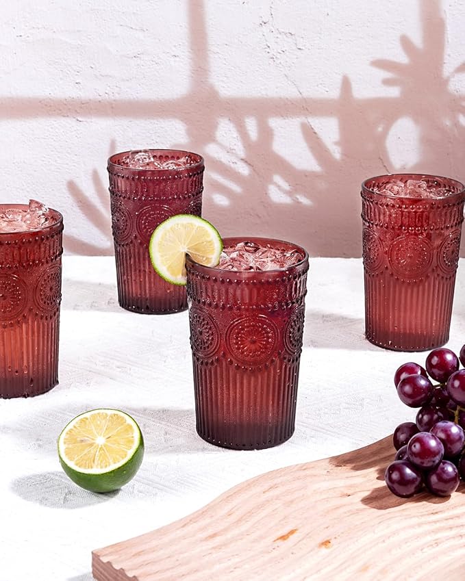 Ciaell 12 Pack Romantic Plastic Water Glasses - 14 Oz Burgundy Vintage Drinking Glasses, Embossed Ribbed Plastic Cups, Textured Striped Set for Juice, Beverages, Beer, Cocktail & Christmas