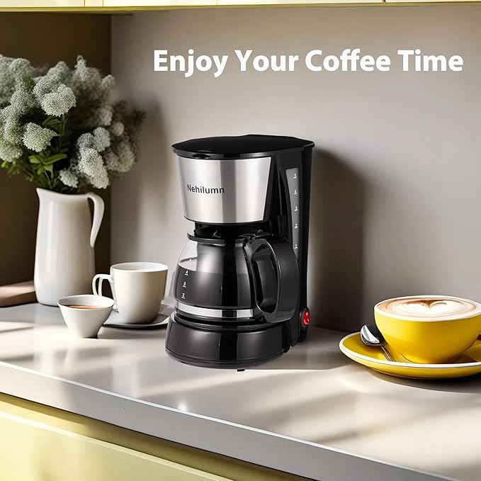 4-5 Cups Drip Coffee Maker, Coffee Pot Machine Permanent Coffee Filter, Mini,20Oz Electric Coffee Maker,650W Black and Stainless Steel