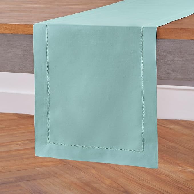 Solino Home Cotton Linen Table Runner 90 Inches Long - Hemstitch Pastel Turquoise Dining Table Runner 14 x 90 Inch for Summer