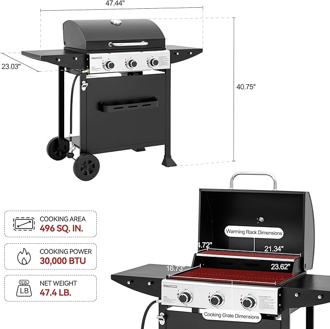 Royal Gourmet GH3001H 3-Burner Propane Gas Grill with Warming Rack, Outdoor BBQ Grill with 30,000 BTUs Output & 496 Sq. In. Grilling Area for Patio, Backyard and Balcony, Black
