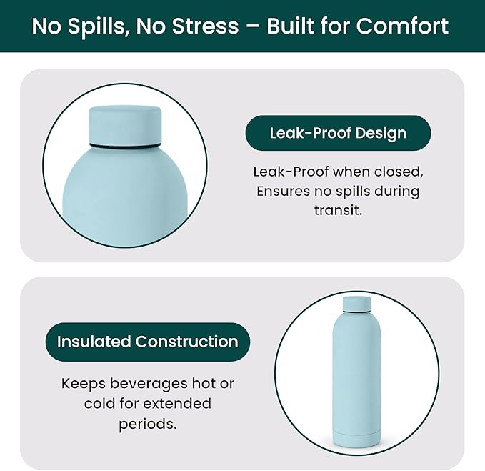 NOBL Stainless Steel Water Bottle,17 oz, 500 ml, Double Wall Vacuum Insulation, Sealed Bottle Keeps Drinks Cold 24 Hrs & Hot 12 Hrs, Leak Proof, Fits Noble Carry-On Cup Holder - Baby Blue