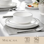 MALACASA Plates and Bowls Sets, 18 Pieces Modern Porcelain Dinnerware Set for 6 White Kitchen Dinner Ware Set wtih Black Rim Ceramic Dishware Dishes Microwave and Dishwasher Safe, Series LUNA