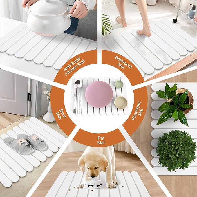 Stone Drying Mat for Kitchen Counter, Large Stone Dish Drying Mat Foldable Diatomaceous Earth Water Absorbing Mat for Dishes Bottles Cups Match Any Countertop White 24" x 16"