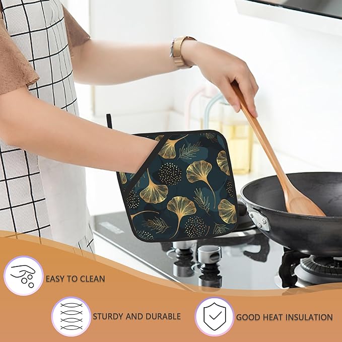 Ginkgo Leaves Pot Holders Set of 2, Kitchen Heat Resistant Vintage Floral Potholder for Microwave Cooking Baking Oven End Dishes and BBQ