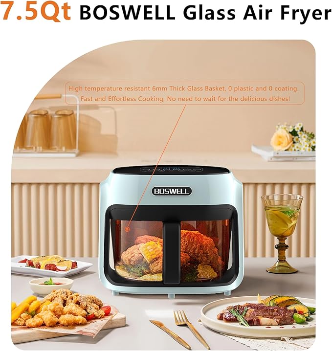 BOSWELL Glass Air Fryer, 7.6QT with Transparent Fry Bowl, Circulating Heating, Temperature Control, Stainless Steel Air Fryer Roast, Dishwasher Safe (Green)