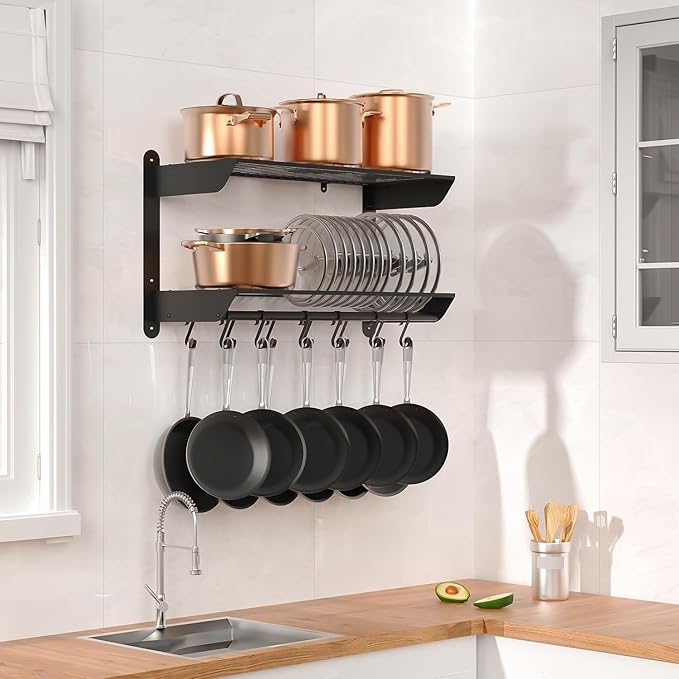 Taozun 30 Inch Pot and Pan Organizer, 2 Tier Heavy Duty Pot Rack Wall Mounted with 12 Hooks, Kitchen Cookware Utensils Hanger Organizers and Storage