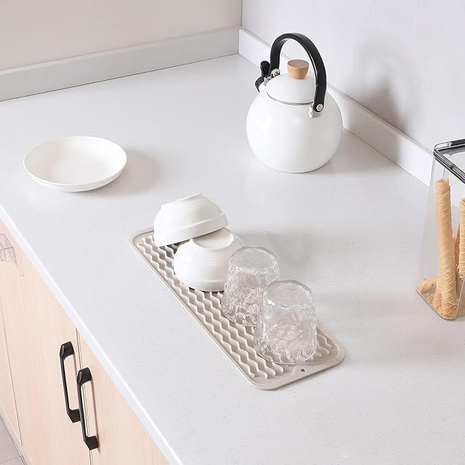 Silicone Dish Drying Mat for Multiple Usage,Easy clean,Eco-friendly,Heat-resistant Silicone Mat for Kitchen Counter,Sink,Bar,Bottle,or Cup Tapioca M 17 inches x 6 inches