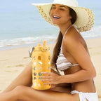 MUKOKO 64oz Glass Water Bottles with Straw and Lid,Half Gallon Water Bottle with Time Marker,Large Glass Water Jug with Silicone Sleeve and Stainless Steel Handle-Yellow