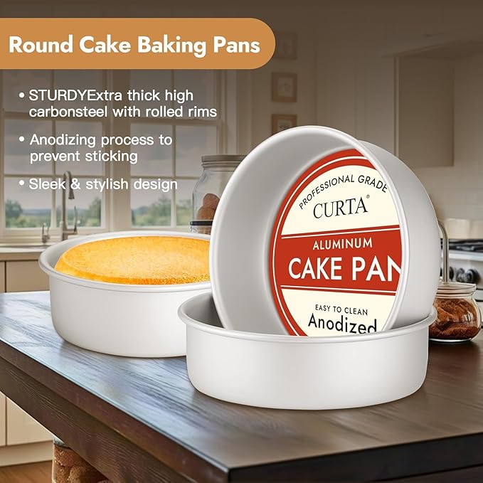 CURTA 7 Inch Round Cake Pan, 7x3 inch 2 Set Anodized Aluminum Round Baking Pan, Small Cake Pan Non-Toxic & Heavy Duty, Deep Side, Easy Clean & Dishwasher Safe