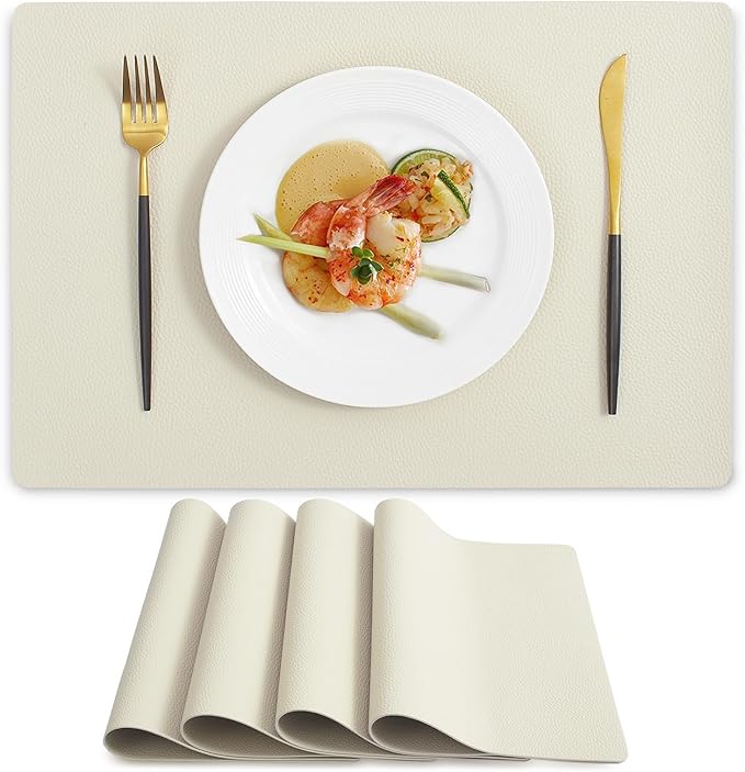 MOSAYT Vinyl Placemats Set of 4, Heat Resistant Place Mats 100% Waterproof Washable & Wipeable Faux Leather Reversible Table Mats for Kitchen Dining Party Indoor Outdoor, 12" x 17", Beige