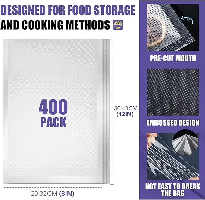 CAREGY Vacuum Sealer Bags 400 Quart 8" x 12" with BPA Free for Food Storage Meal Prep or Sous Vide