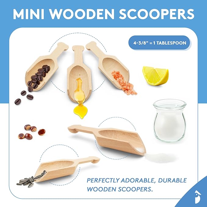 Small Wooden 1 Tablespoon Scoops for Food Canisters & Jars, Table Spoons Measuring Spoon, Wood Manuka Honey Bath Salts, & Coffee Scoop, Mini Candy Scoops for Candy Buffet, Pack of 10 by Woodpeckers