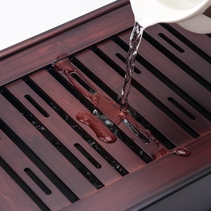 Bamboo Chinese Tea Tray - 13.6 x 8.9 inch Japanese Tea Serving Tray, Gongfu Tea Table Set with Reservoir Type Water Storage Box - Large