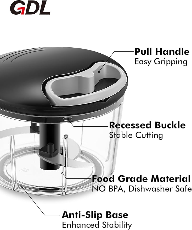 GDL Food Chopper, Pull Onion Chopper Dicer, Hand Powered Food Chopper, Fast Cutting Hand Chopper Mincer for Oinon, Garlic, Nut, 3.4 Cups 0.8L, Black