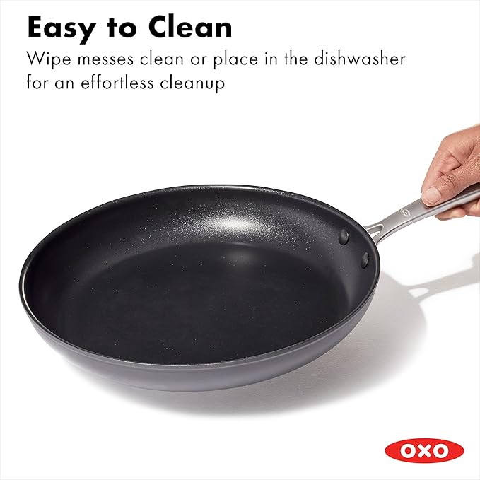OXO Enhanced 10" Frying Pan Skillet, PFAS-Free Ceramic Nonstick, Durable Hard Anodized Cookware, Scratch Resistant, Stainless Steel Handle, Good Grips, Dishwasher Safe, Oven safe, Black