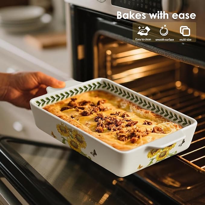 ACMLIFE Ceramic Casserole Dish for Oven, Floral Baking Dishes for Oven Lasagna Pan, Large Baking Dish with Handles, Durable and Oven Safe Pan, for Roasting and Baking, Gift Packaging 2 Pcs Set(13"x8"+10.3"x6.3") (Sunflower)