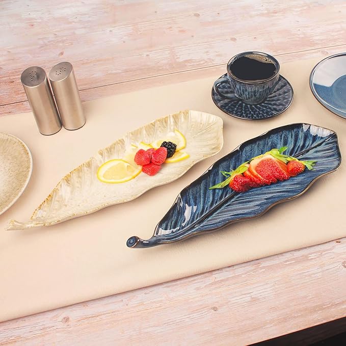 Serving Platter Olives Plate Set of 2, Large Serving Tray for Entertaining, Porcelain Trays and Platters, Salad Appetizer Tray,Dishwasher & Microwave Safe,Gradient beige 14.5 Inch