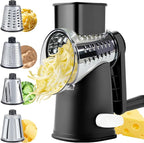 VEKAYA Cheese Grater, Cheese Grater Hand Crank, 4 Interchangeable Blades Cheese Shredder, Vegetable Slicer, Non-slip Suction Base, Easy to Clean Rotary Grater with Handle (Black)
