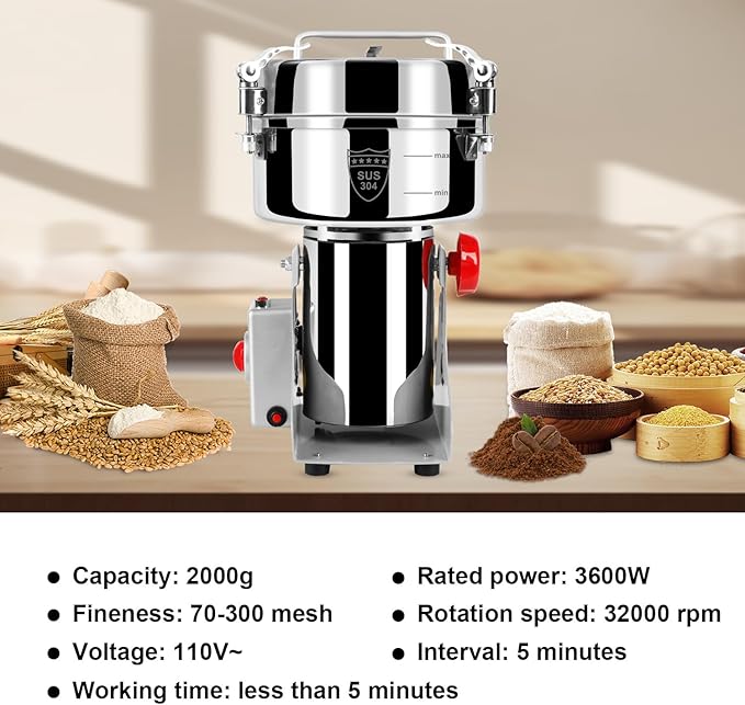 Grain Mill Grinder Electric Flour, 2000g Corn Fine Powder Rice Grinder Wheat Mill for Home Kitchen Commercial Stainless Steel Spice Food Pepper Coffee Beans (Swing Type)
