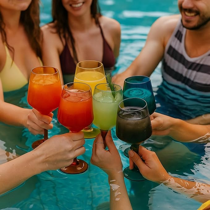 European Style Plastic Crystal, Stemmed Wine Glasses | Set of 6 | Acrylic Tritan Drinkware, Unbreakable Muted Color Shatterproof BPA-free, Reusable, Floating Pool & Indoor & Outdoor, Hand Wash 15oz